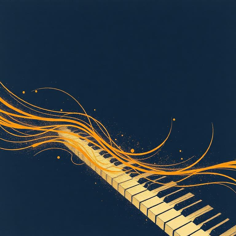 Illustration of piano keys dissolving into gold sound ribbons on a deep midnight blue field