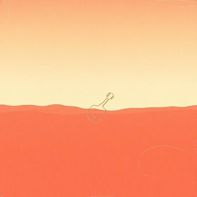 Coral desert horizon with a single guitar drawn in thin gold waveform lines