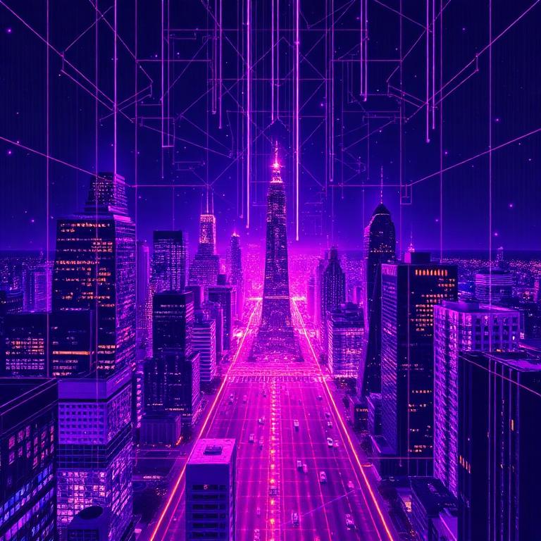 Violet geometric city grid at night with pulsing dots arranged like a step sequencer
