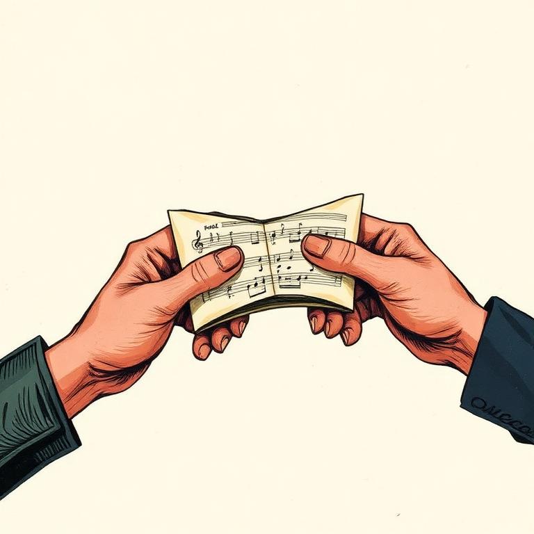Two hands passing a folded sheet of paper that becomes musical staff lines