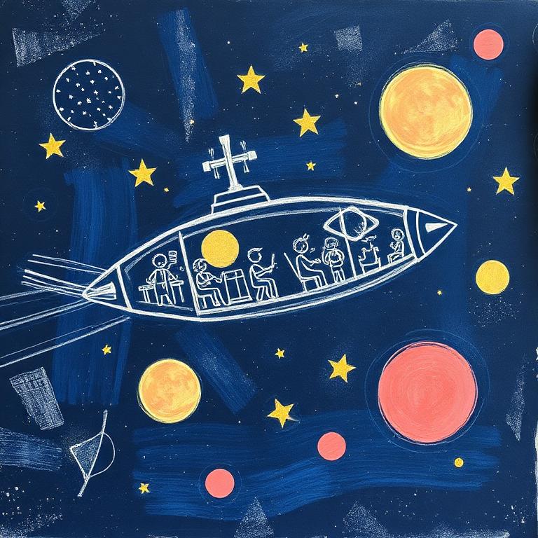 Chalk drawing of a rocket carrying a small orchestra across a midnight blue sky