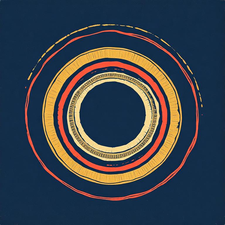 Concentric ivory, gold and coral rings on midnight blue suggesting hand-drum patterns