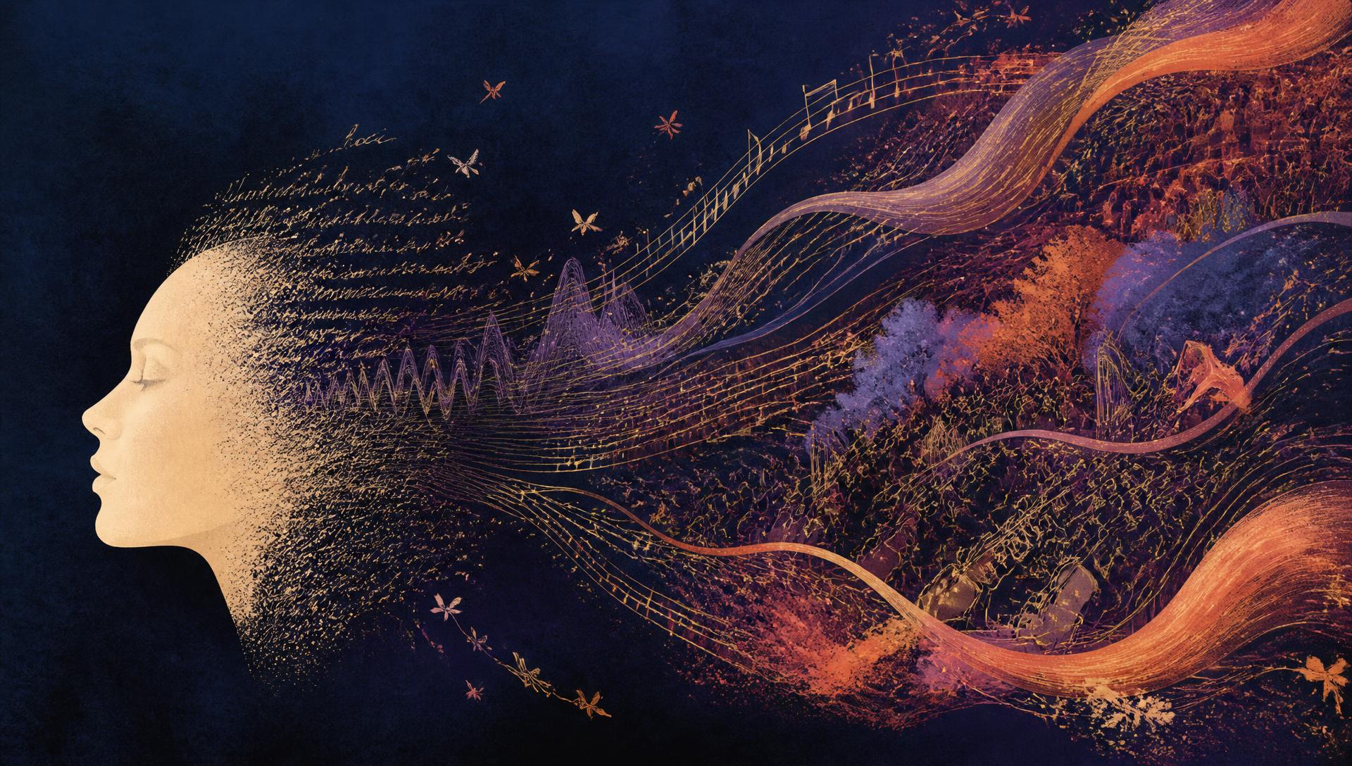 A human profile dissolving into handwritten words, sound waves, musical notation and a blossoming orchestral world